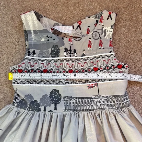 Handmade one of a kind girl's smocked dress, London Print - Picture 11 of 12